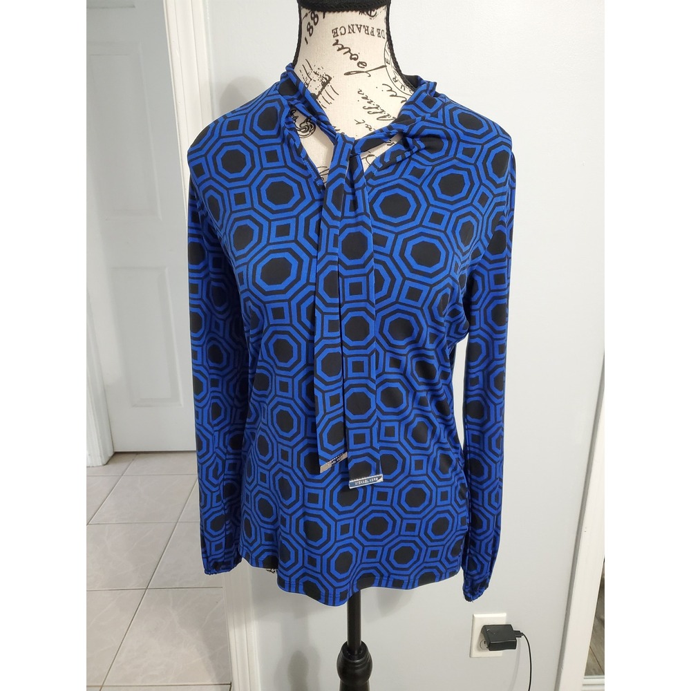 Michael Kors Women Blue Black Geometric Tie Neck Blouse Long Sleeve Size S
